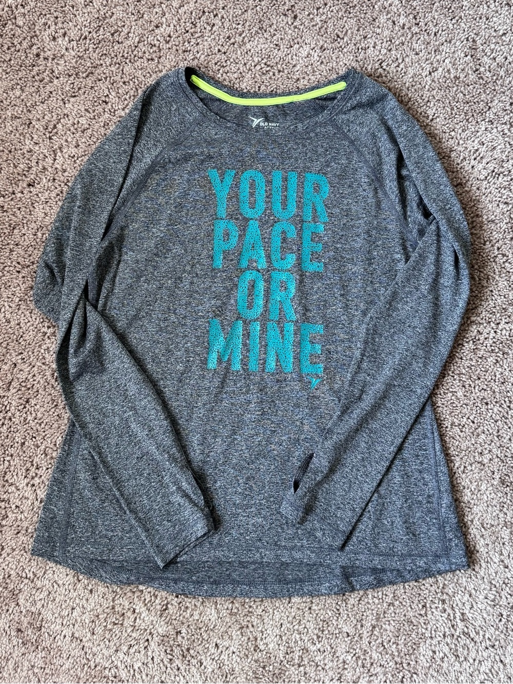 Old Navy Women's Gray and Teal Long-Sleeve Graphic Tee - 'Your Pace or Mine'